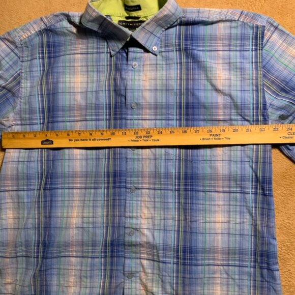Tommy Hilfiger Mens Sz XL Button Up Blue 80s 2 Ply Fabric Plaid Short Sleeve (G) - Picture 6 of 7